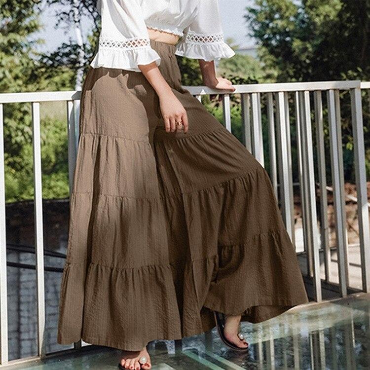 Casual Comfortable Wide Leg Pants Fashion Elastic Waist Pleated Cake Skirt Trouser Summer Folds Loose Solid Pants Pantalon 25736