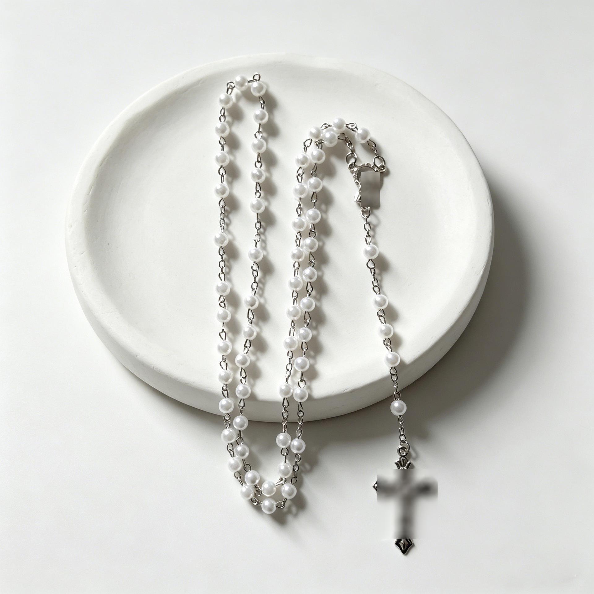 Unisex 6mm Faux Pearl Cross Beaded Long Necklace - Trendy European  American Design Electroplated