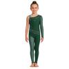 Girls Figure Skating Gymnastics Jumpsuit Asymmetrical Design Back Invisible Zipper Mesh Patchwork Sparkly Rhinestones Bodysuit for Competition