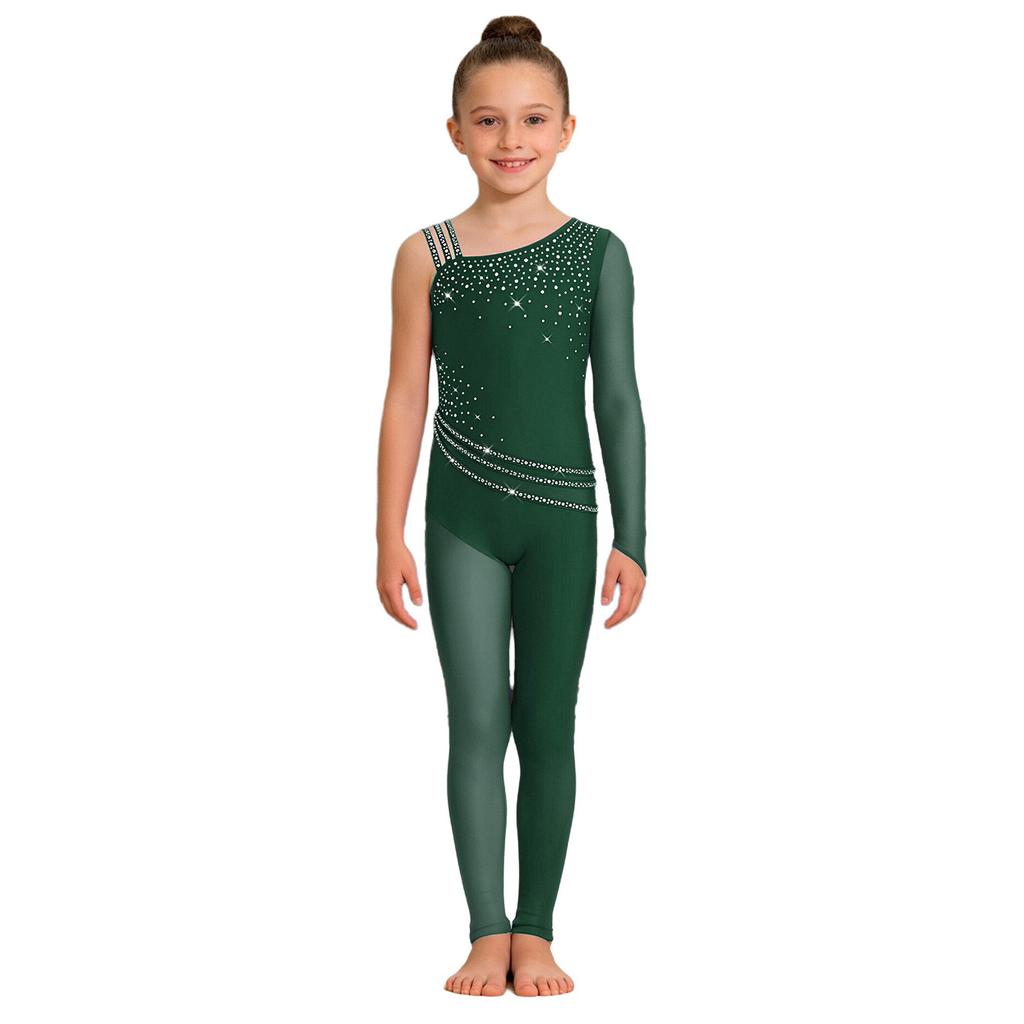 Girls Figure Skating Gymnastics Jumpsuit Asymmetrical Design Back Invisible Zipper Mesh Patchwork Sparkly Rhinestones Bodysuit for Competition