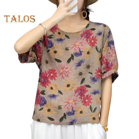 

Женская футболка с круглым вырезом и коротким рукавом, свободная футболка с ретро-цветочным принтом, летние топы, универсальная, удобная, повседневная одежда хаки