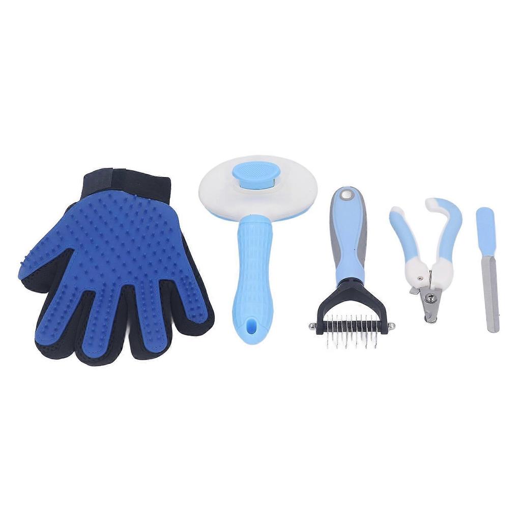Pet Grooming Comb Kit With Knotting Comb Nail Clipper Flea Comb Glove Dog Grooming Brush Shedding Kit Blue