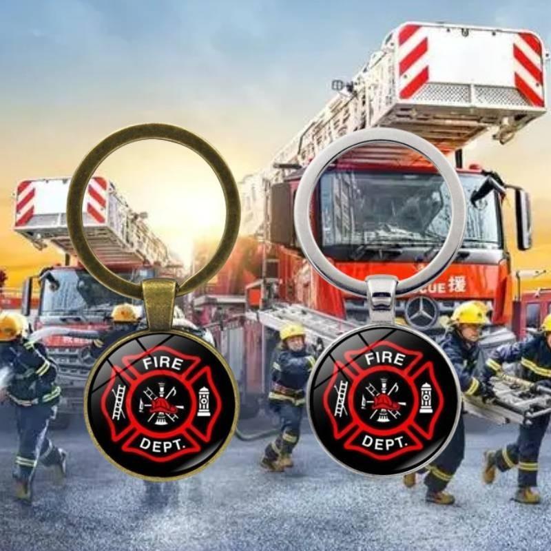 Klassiek brandweerembleem, tijdsedelsteen sleutelhanger, stijlvolle metalen sleutelring