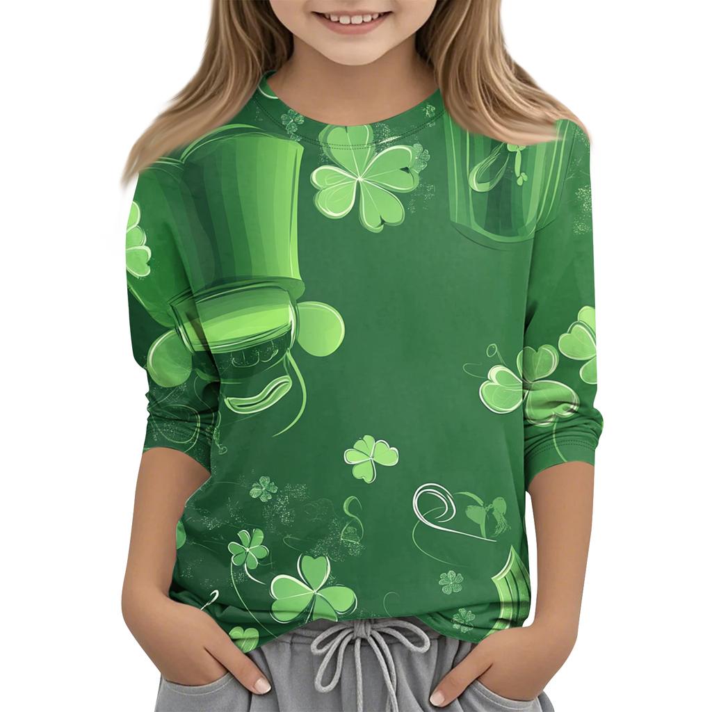St. Patrick's Day Print Tops For Youth Girls 4-11 Years Round Neck 3/4 Sleeves T-Shirts Trendy Tops Outfit Tees