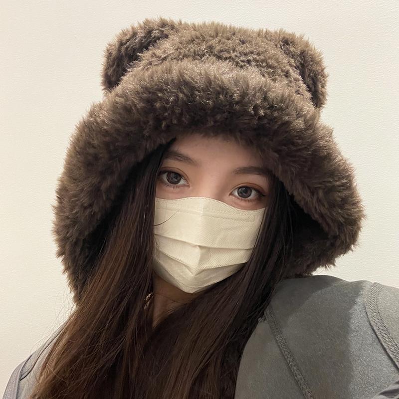 Fashion Cute Bear Ears Winter Hat Woolen Ear Protection Bucket Hat Plush Cold-Proof Cycling Cap For Women