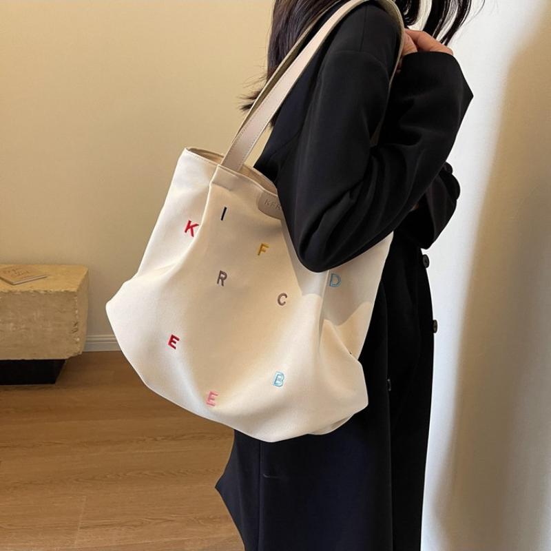 Elegant Large-Capacity Shoulder Bag Canvas Embroidered Letter Student Tote Bag Lightweight Women Handbag For Women