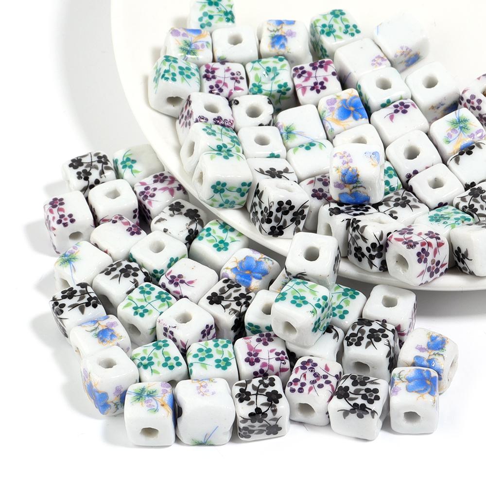 20pcs Square Jingdezhen Ceramic Beads Colorful Flower Loose Beads Chinese Style Spacer Beads For Jewelry Making DIY Bracelet