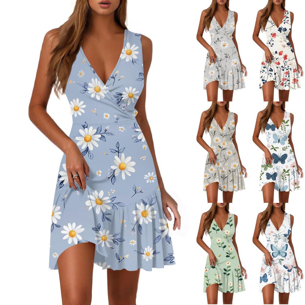 Ladies Casual Fashion V-Neck Sleeveless  Print Dress