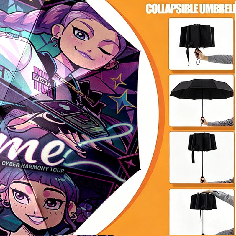 Custom Name Personalized Kpop Demon Hunter Print Umbrella, Auto Open Close, 8‑Rib Sturdy Frame, Commute Camping Hiking Use, Birthday Gift
