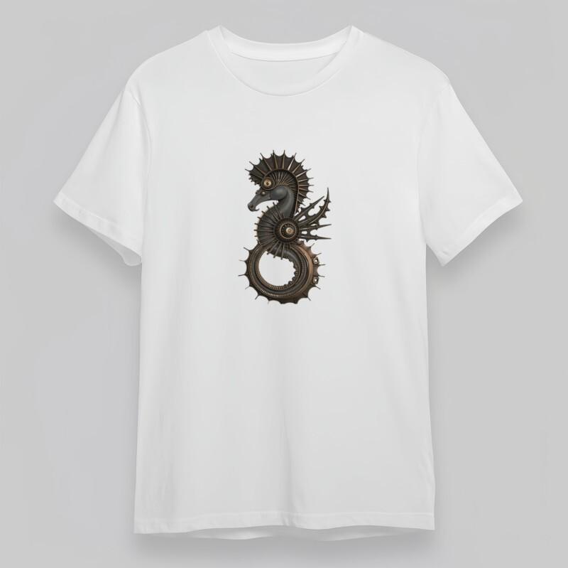 

Women s Oversize T-Shirt Steampunk Seahorse With Mechanical Spikes And Gears Tee M