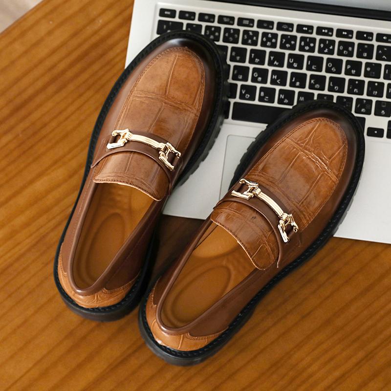 Fashion Advanced Texture Korean Style Fashion Metal Buckle Leather Casual Non-slip Men's Comfor Round Head Leisure Business Loafer Shoes