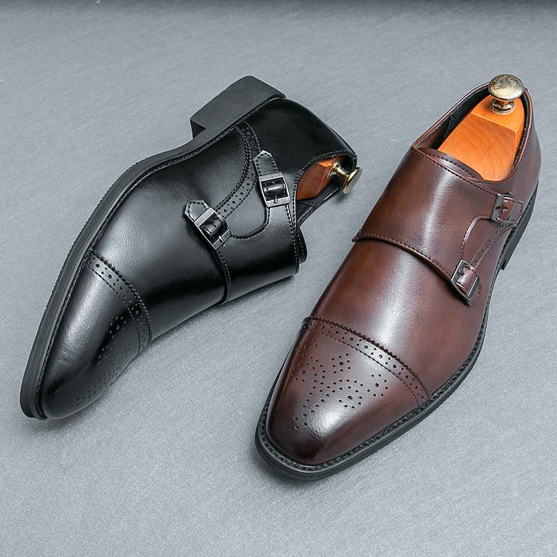 Men’s Monks Loafers Dress Leather Shoes Men Black Retro Formal Shoes Tuxedo Wedding Blazers Saddle Shoes Over Sized