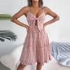V-Neck Bowknot Decor Hollow Out Loose Hem Summer Dress Women Floral Leaves Print Sling Dress Streetwear