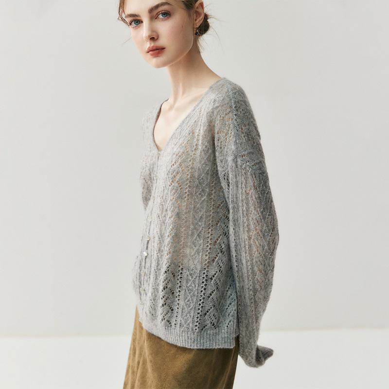 Women's V-Neck Hollowed Cashmere Cardigan - Loose Fit Autumn 2025 Cover-Up Pullover