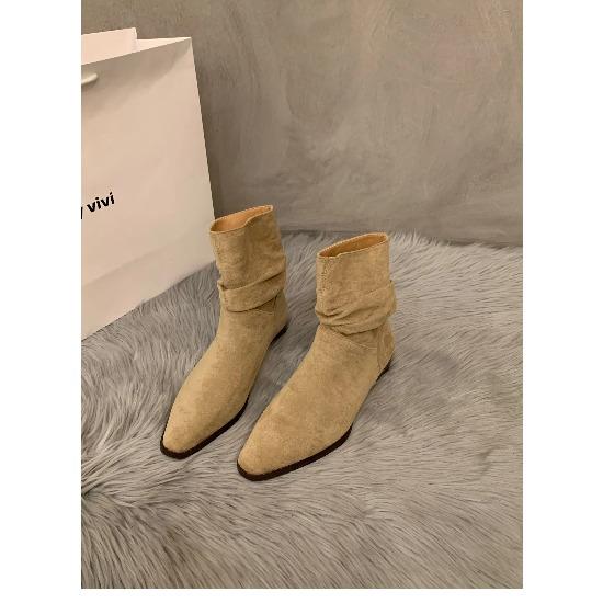 Autumn Winter High Quality Women Ankle Boots  Fashion Faux Suede Retro New Pleated Design Low-heeled Rider Boots Botas Mujer