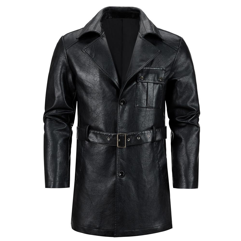 Men's Korean Style PU Leather Mid-Length Windbreaker Jacket