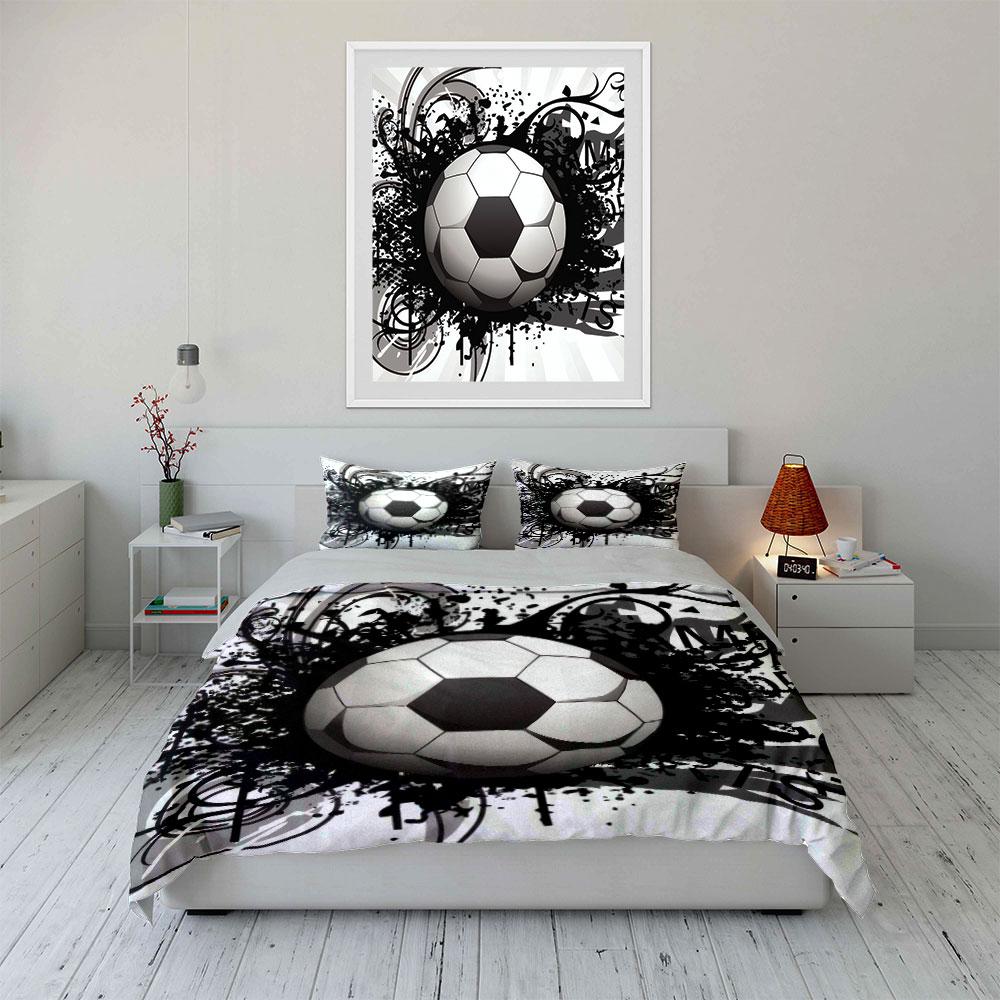 Black And White Grunge Soccer Ball 3Pcs Bedding Set Soft Microfiber Duvet Cover Pillowcase Set For Cool Sports Fans Bedroom