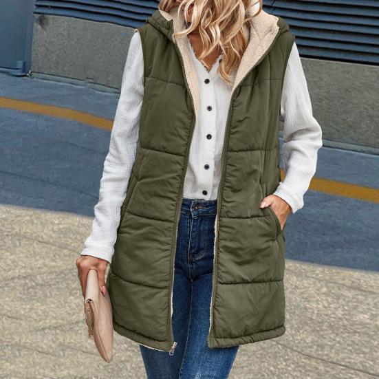 Women Fall Winter Reversible Vest Coat Hooded Sleeveless Fleece Lining Jacket Solid Color