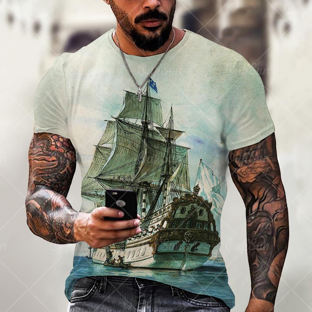 Sommer Rundhals Nautisches Schiff 3D-Druck Top Modische Lässige Kurzarm Herren T-Shirts