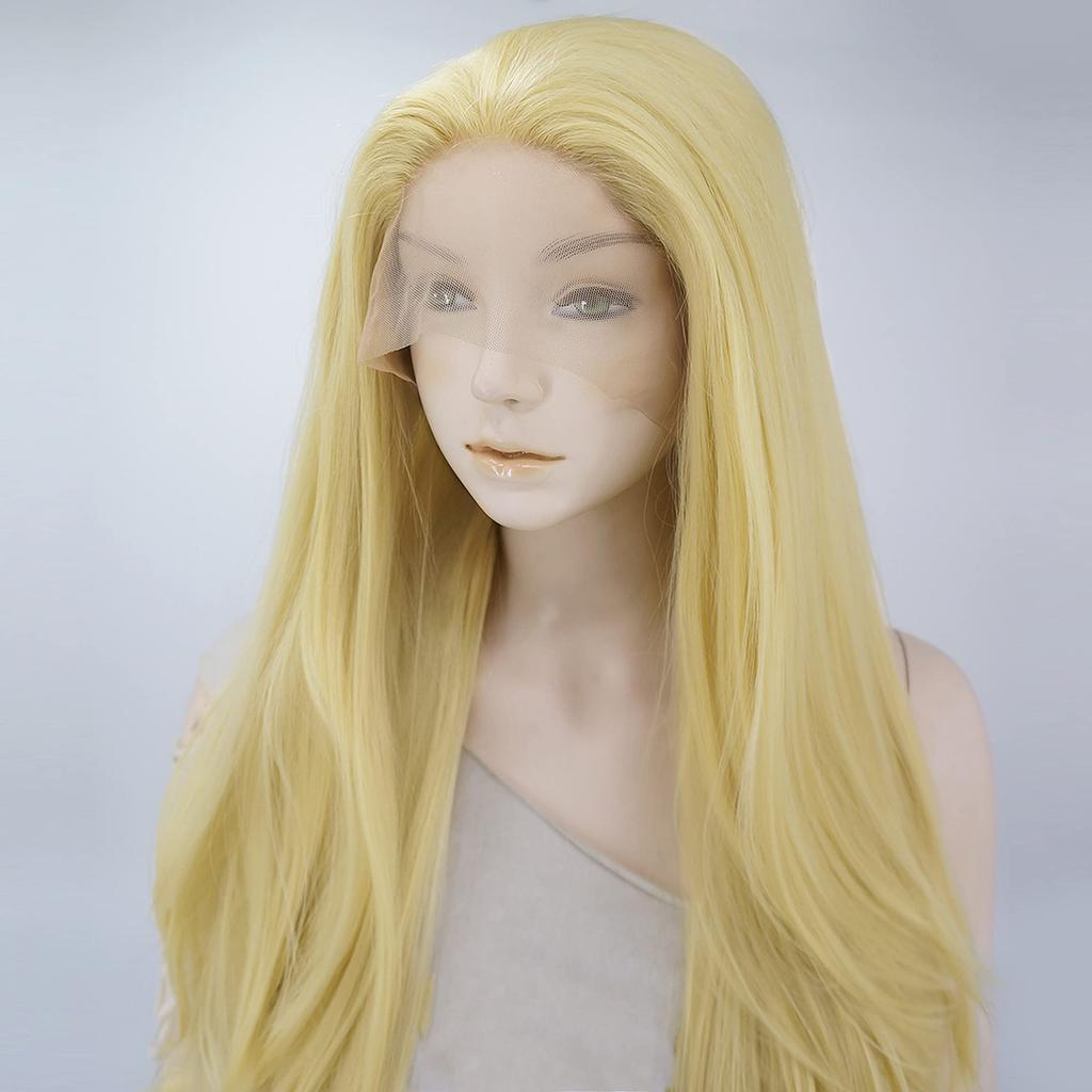 VOCOSTE Heat Resistant Lace Front Wig, Long Natural Curly Synthetic Fiber, Blonde, 61cm, for Girls, Everyday Use
