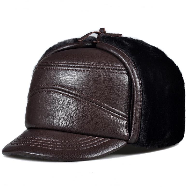 

Men s Winter Genuine Leather Hat - Thickened Cowhide Lei Feng Style with Ear Protection for Seniors. XL (57-58cm) Adjustable