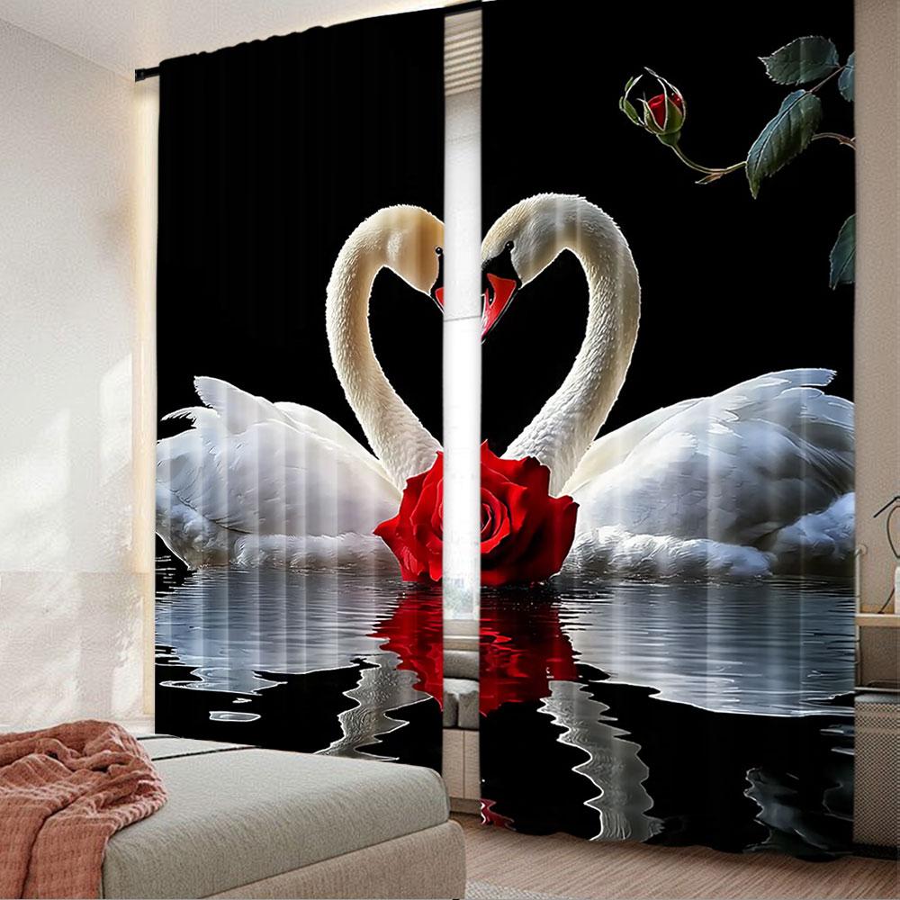 

Set Of 2 Red Rose Curtain White Swan Birds Romantic Flower Wild Animals Happy Valentine Day Bedroom Living Room Dining Curtains Made Polyester Window W100*H70(CM)-Grommet top&2PCS