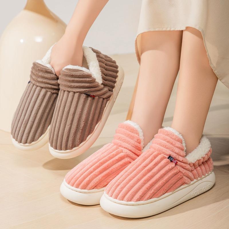 Women Coral Fleece Furry Slippers, Warm Indoor Slip On Lazy Cotton Shoes Plus Size