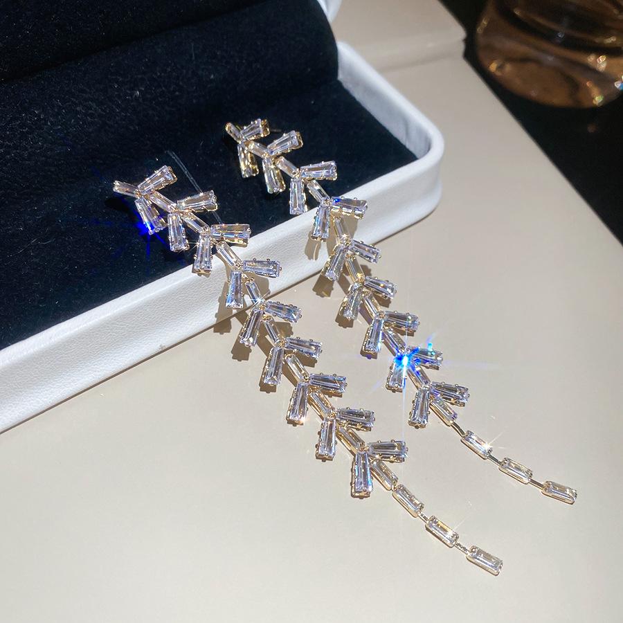 Korean-Style Silver Needle Zirconia Leaf Tassel Earrings - Elegant & Fashionable Women s Accessories