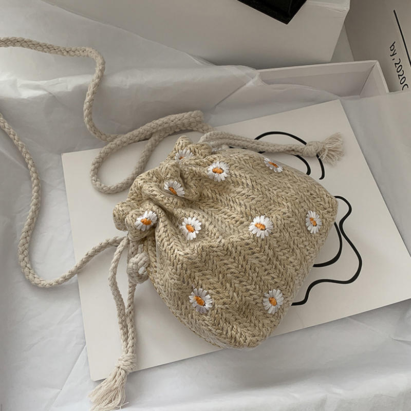 Women'S Summer Beach Shoulder Bags Straw Weave Bucket Bags Rattan Handbags Totes Casual Handbags Retro Mini Shoulder Bag