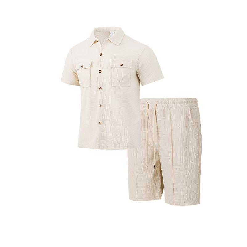 Men S Summer Workwear Short Sleeve Shirt Shorts Loose Waffle Set