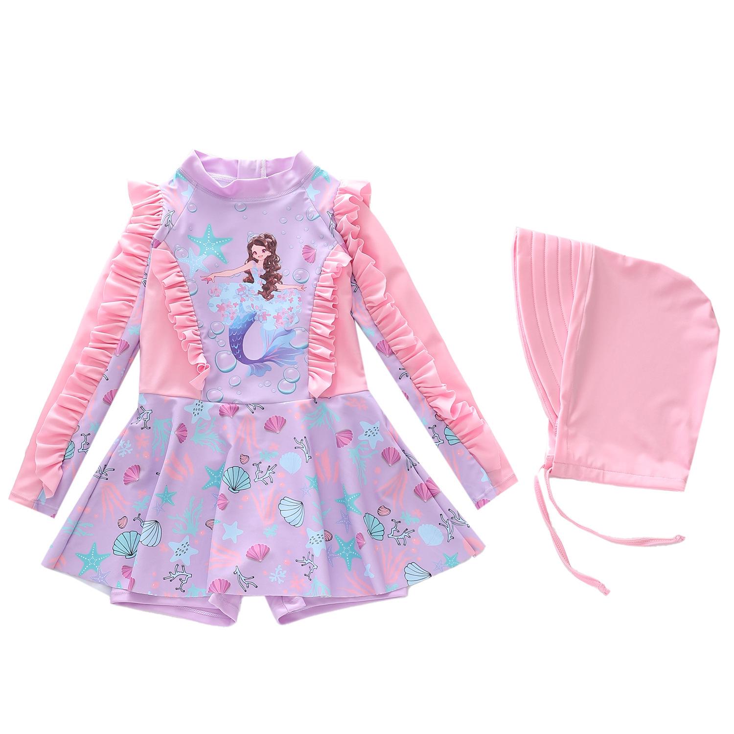 New Girls One-Piece Patchwork Ruffle Long Sleeve Sun Protection Swimsuit with CPC Certification 3XL (120-130cm, 47-55kg)