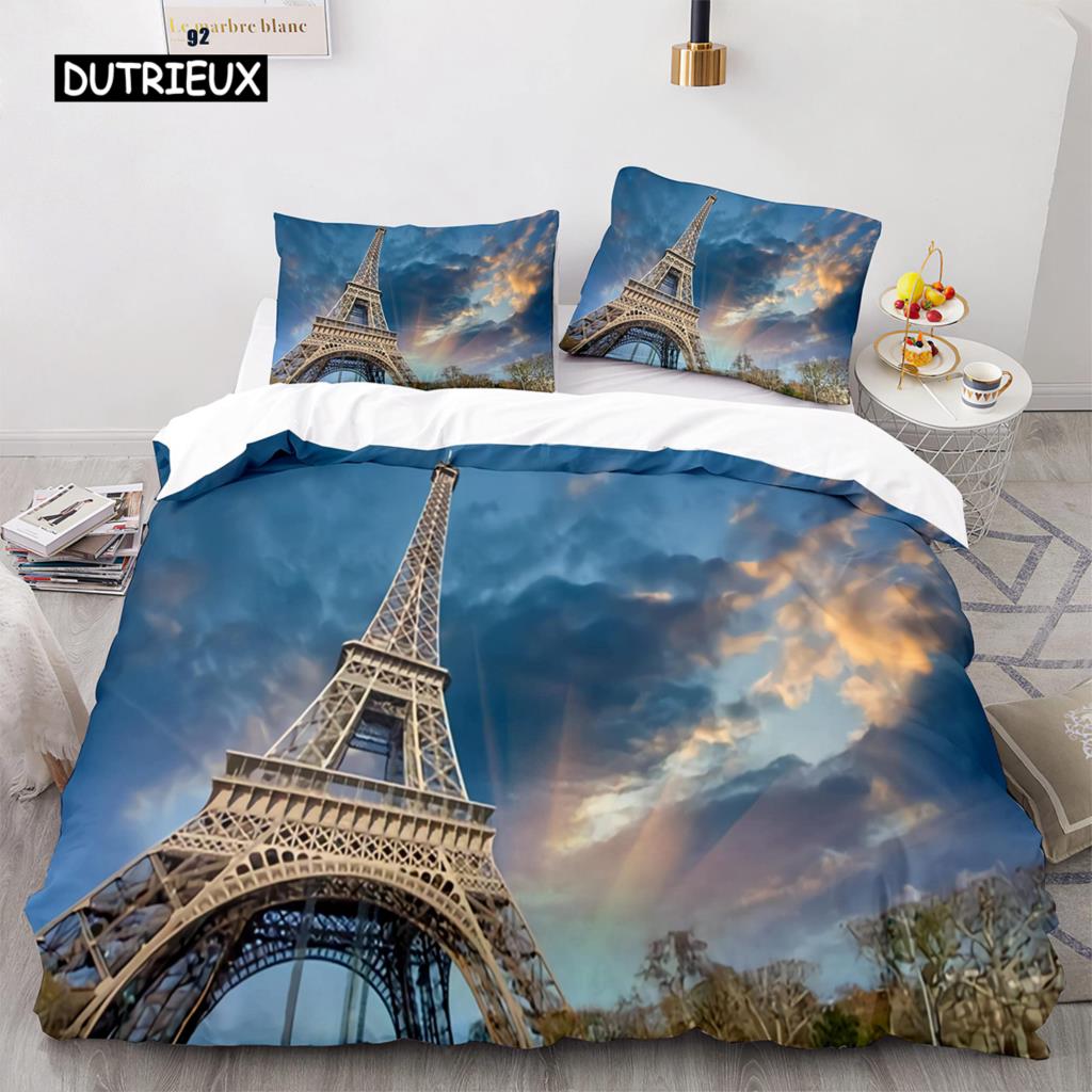 Eiffel Tower Duvet Cover Set King Size Paris Cityscape Twin Bedding Set Modern French Style Polyester Comforter Cover Boys Girls