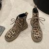 Plus size leopard print short fashion women's boots for autumn and winter New lace-up platform side zipper round toe boots