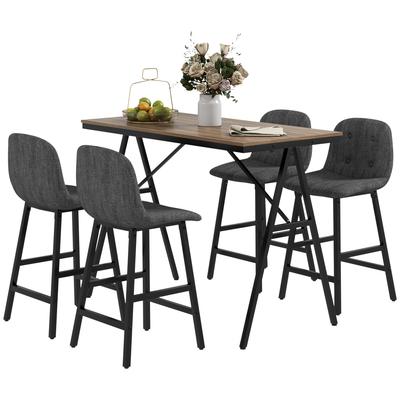 Bar Set 5-Piece, Table and 4 Stools, Button-Tufted, Thick Padding, Linen Look, Dark Gray
