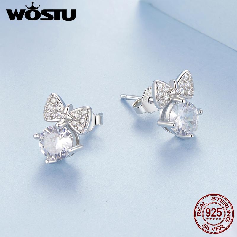 WOSTU 925 Sterling Shiny Zircon Bowknot Stud Earrings For Women Simple Bow-knot Ear Buckle Euro Korean Student Girl Party Gift