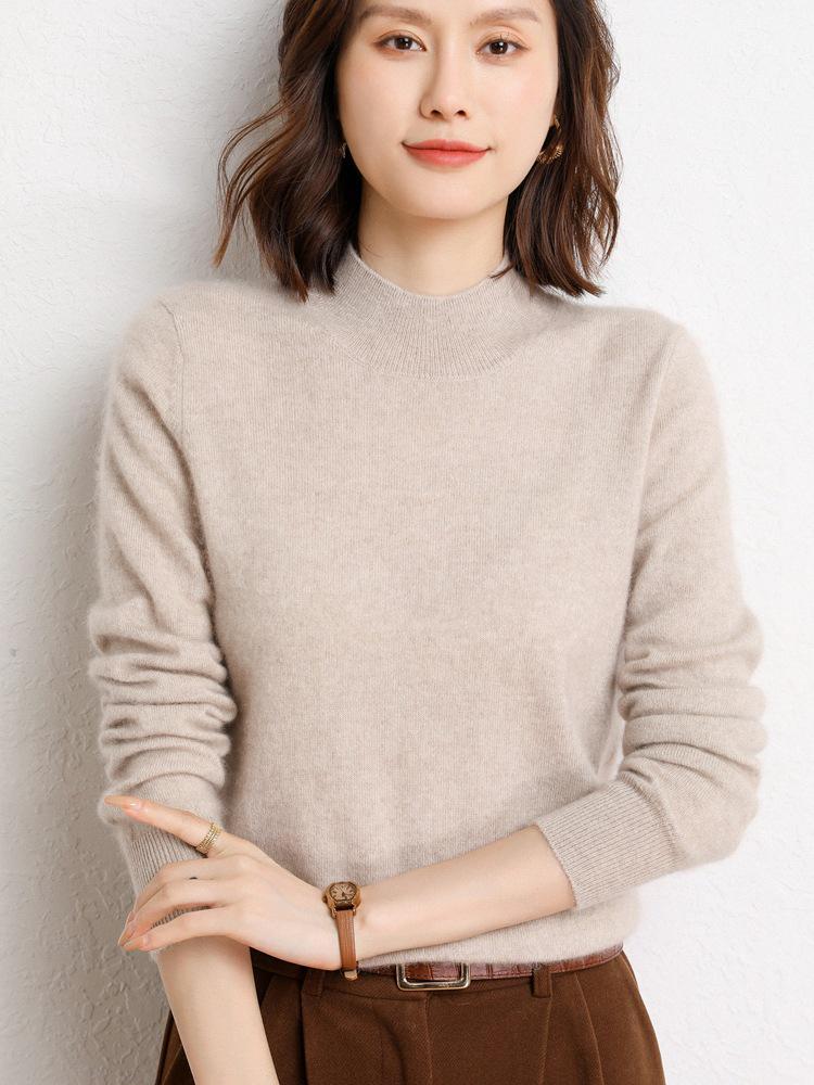 Women's Cashmere Knit Sweater: Half-High Neck, Loose Fit, Long Sleeve, Versatile Base Layer for Autumn & Winter