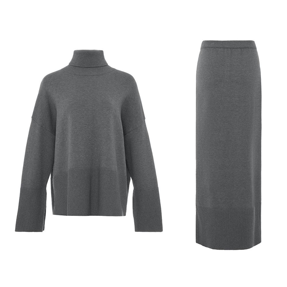 Knitted sweater set for women, European & American 2025 autumn/winter new elegant loose sweater slit midi skirt set