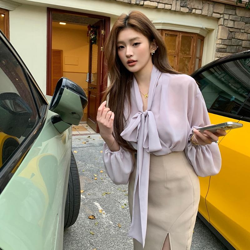 Frühling Neue Fliege Elegante Casual Shirts Frauen Sommer Laterne Ärmel Tops Temperament V-ausschnitt frauen Blusen Mode Dünne Damen Chiffon Hemd 26420