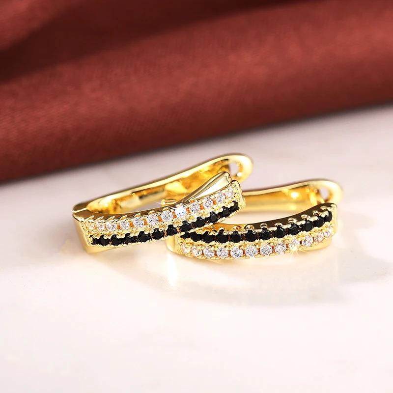 Huitan Elegant Women Hoop Earrings Gold Color Engagement Luxury Female Accessories Inlaid Black/White CZ Elegant Party Jewelry