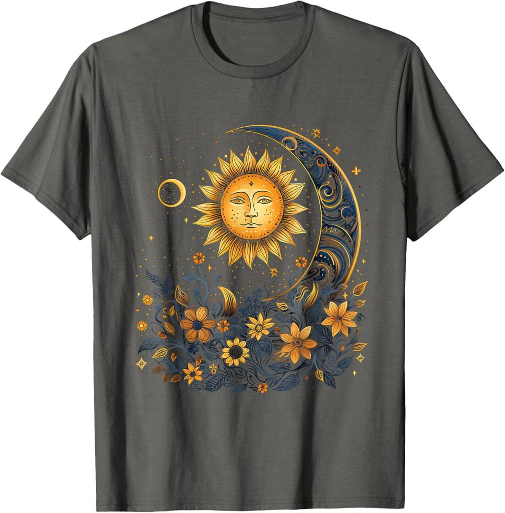 Mystic Sun and Moon Floral Graphic T-Shirt Men Casual Print O-Neck Breathable Trip Tee