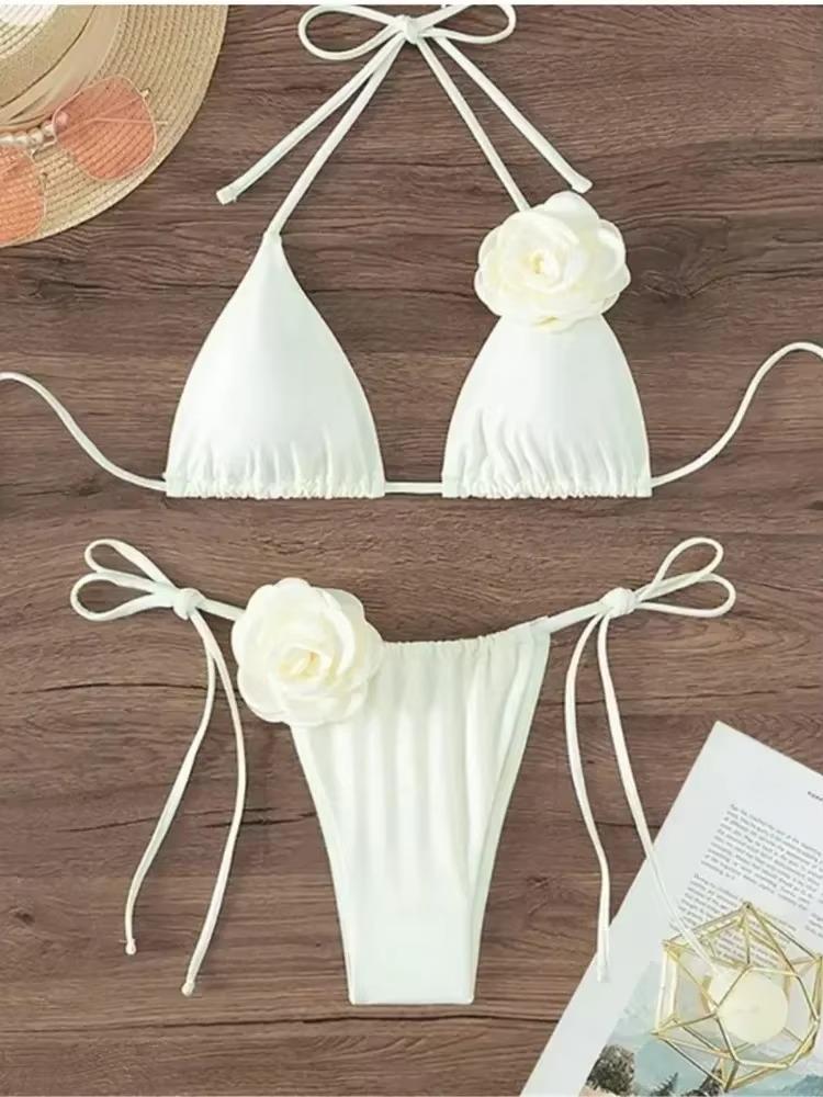 Sexy Flower Bandeau Swimwear Thong Bikini 2025 Women Lace-up Swimsuits Swimming Bathing Suit Brazilian Bikinis Set Mujer Biquini