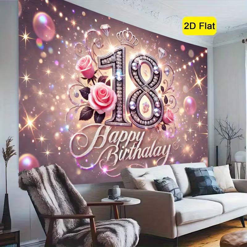 2D Pink Glitter 18th Birthday Backdrop with Crown & Rose for Photoshoot