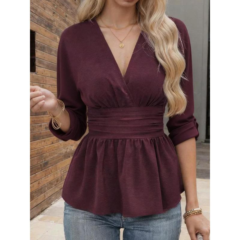 Blusa da Donna con Scollo a V, Modello Wrap con Peplo, Manica a 3/4, Vita Arricciata, Top Casual