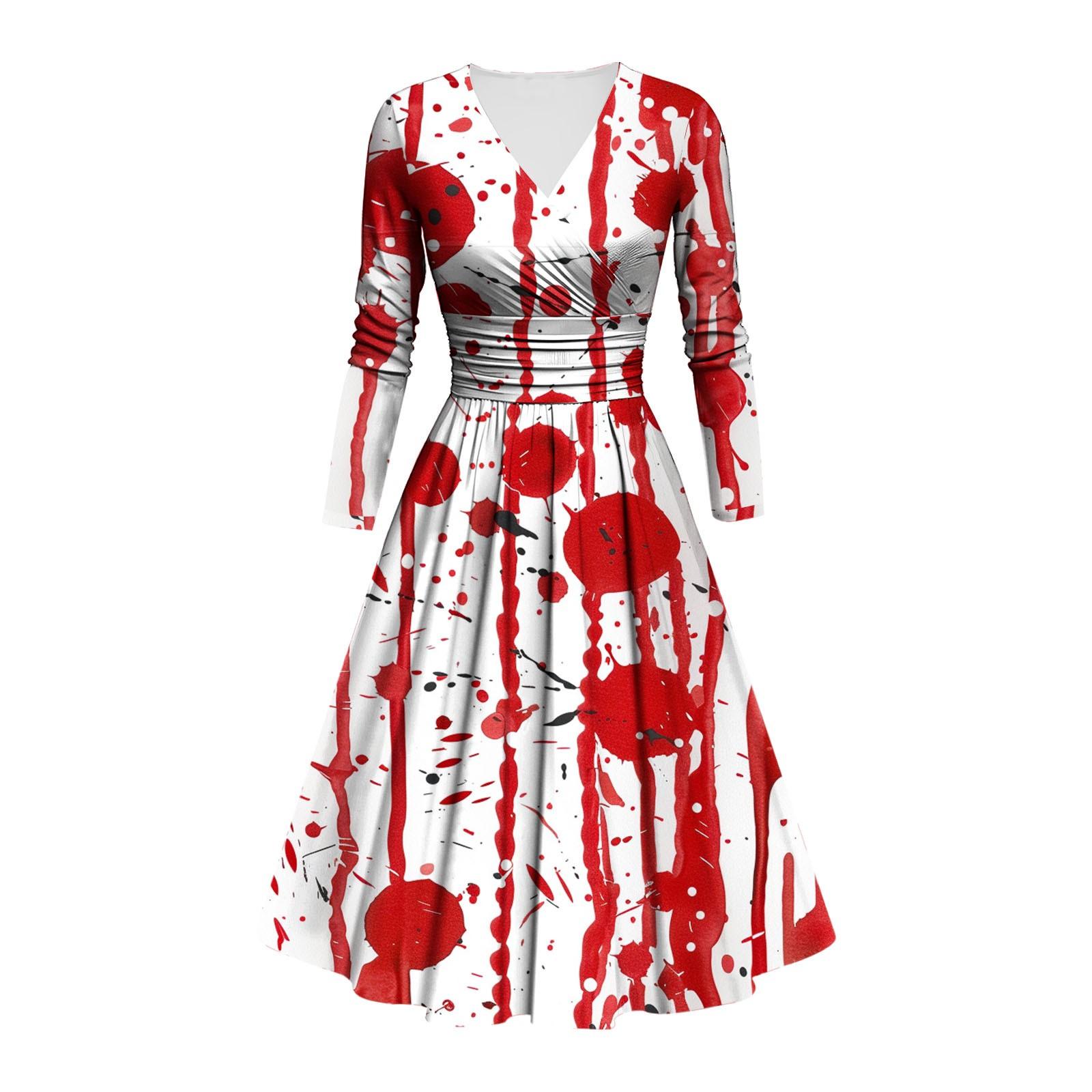 

Женское модное облегающее платье с V-образным вырезом и длинным рукавом с принтом на Хэллоуин XL красный