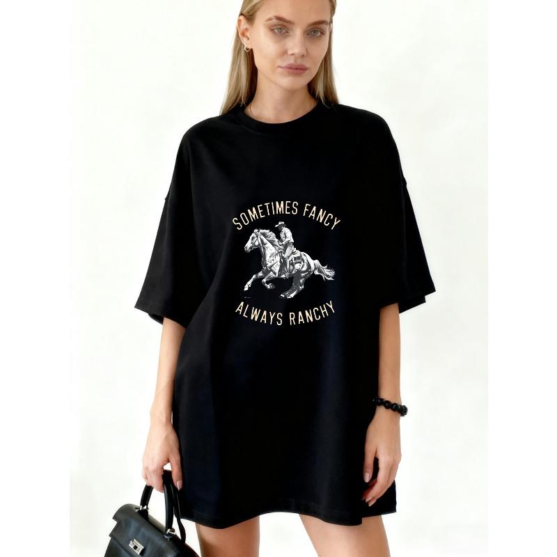 

Oversized T Shirt Black Horse Rider Graphic Sometimes Fancy Always Ranchy Casual Wear For Women XXXXL чорний