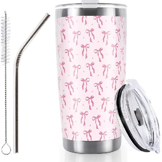 Whaline Pink Bow Tumbler Stainless Steel Travel Tumbler with Lid Straw Brush Coquette Bowknot Coffee Mug Cup for Women Friend Holiday Birthday Party