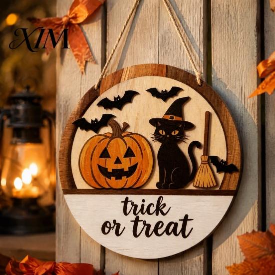 Trick or Treat Hanger Halloween Layered Round Door Hanger, 3D Pumpkin Ghost Owl Wood Welcome Sign, Decorative Festive Ornament Farmhouse Front