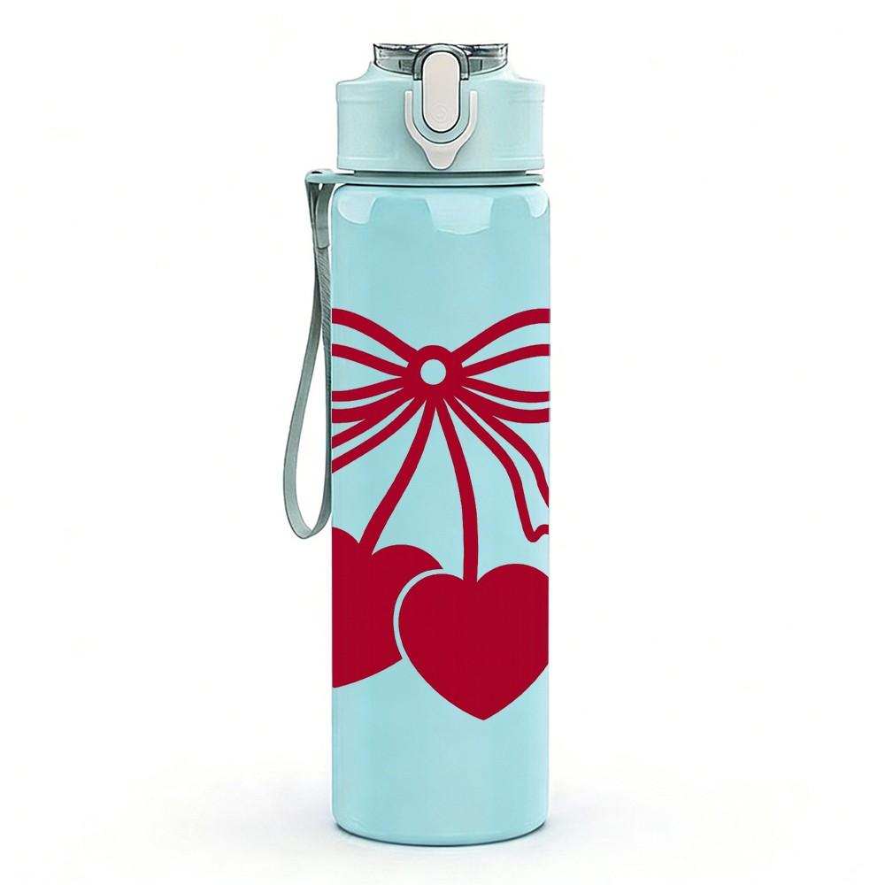 1PC Twin Red Hearts Bow Line Art 750ml Color Plastic Sports Water Bottle Leakproof Flip Straw Lid Suitable for Sports Office Home Use