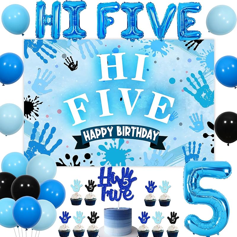 Jollyboom Hi Five Birthday Party Decorations Boy, Blue 5th Birthday Decorations Backdrop Cake Cupcake Topper Blue Black Balloon Number 5 High Five