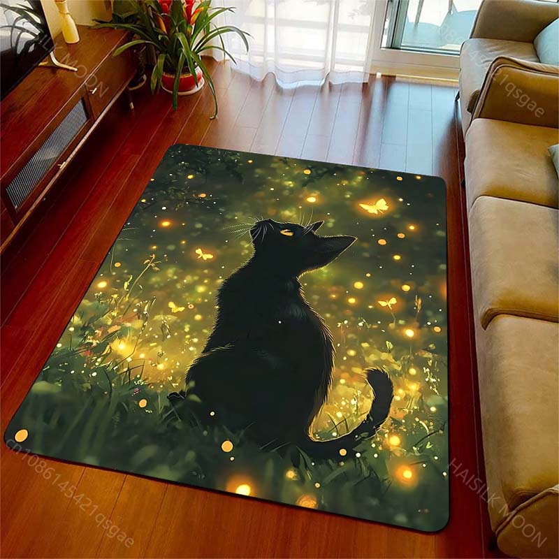 1PC Black cat with fireflies Print Carpet Rug for Living Room Bedroom Sofa Doormat Home Decor Non-slip Floor Mat
